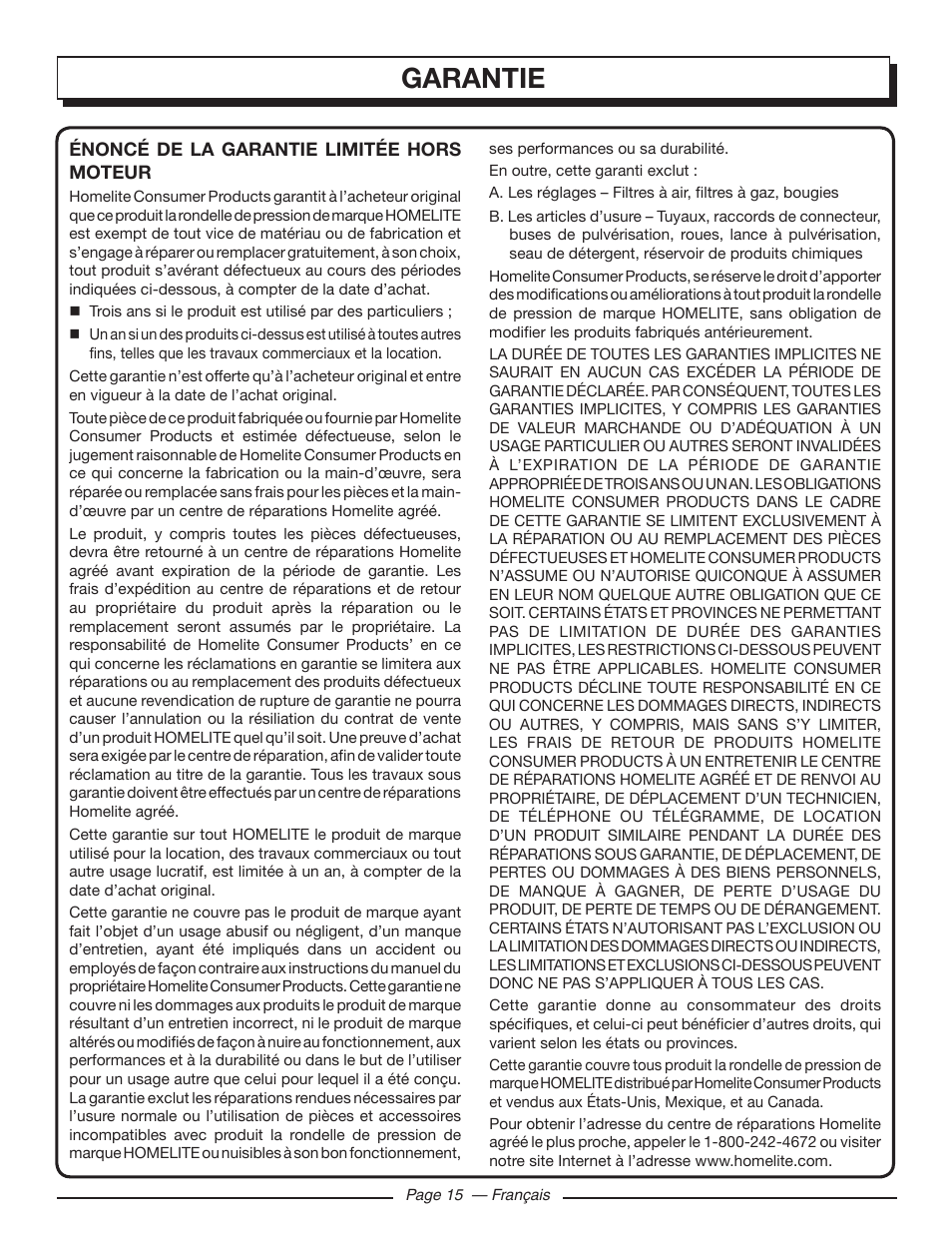 Garantie | Homelite HL80923 User Manual | Page 32 / 48
