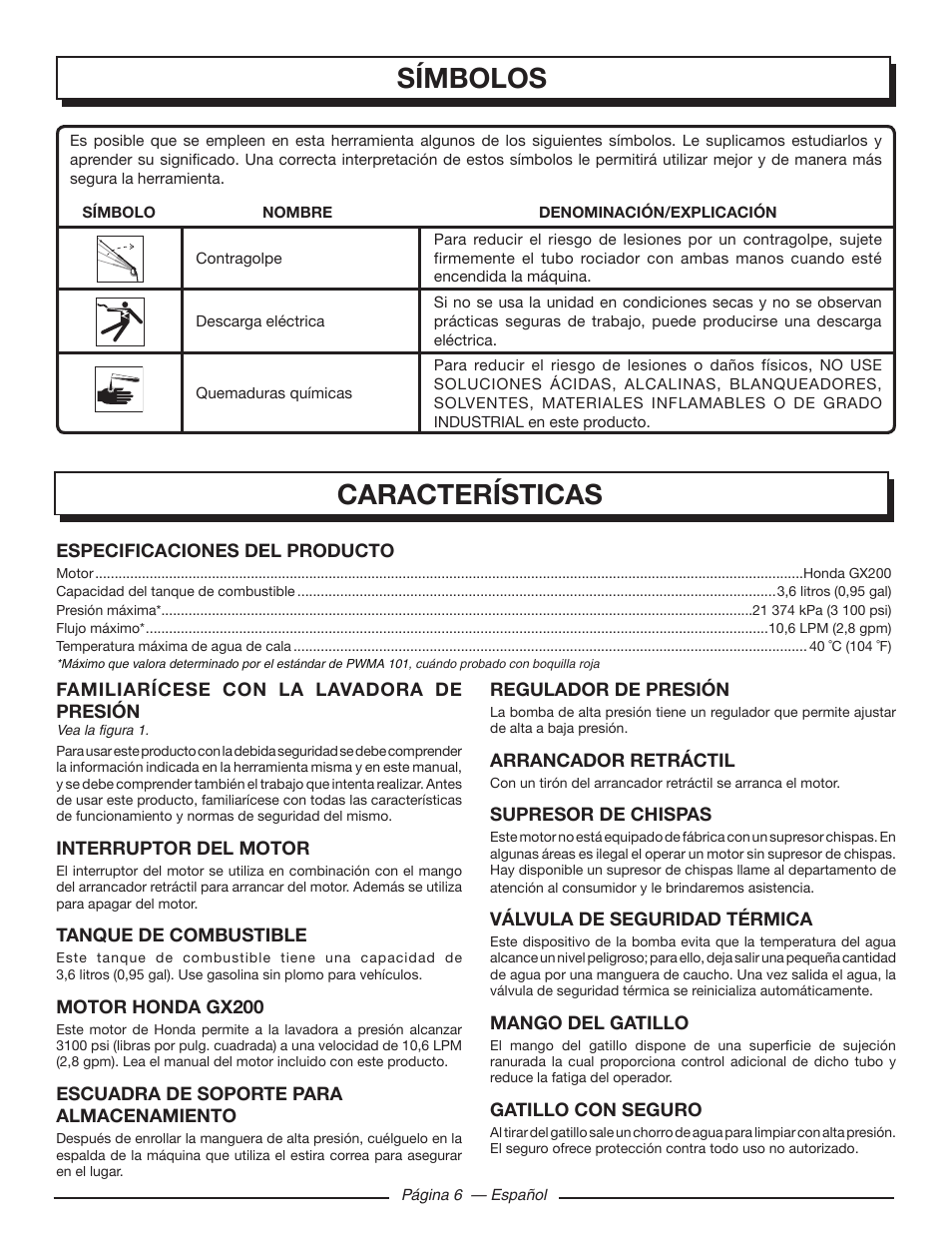 Símbolos, Características | Homelite HL80923 User Manual | Page 36 / 48