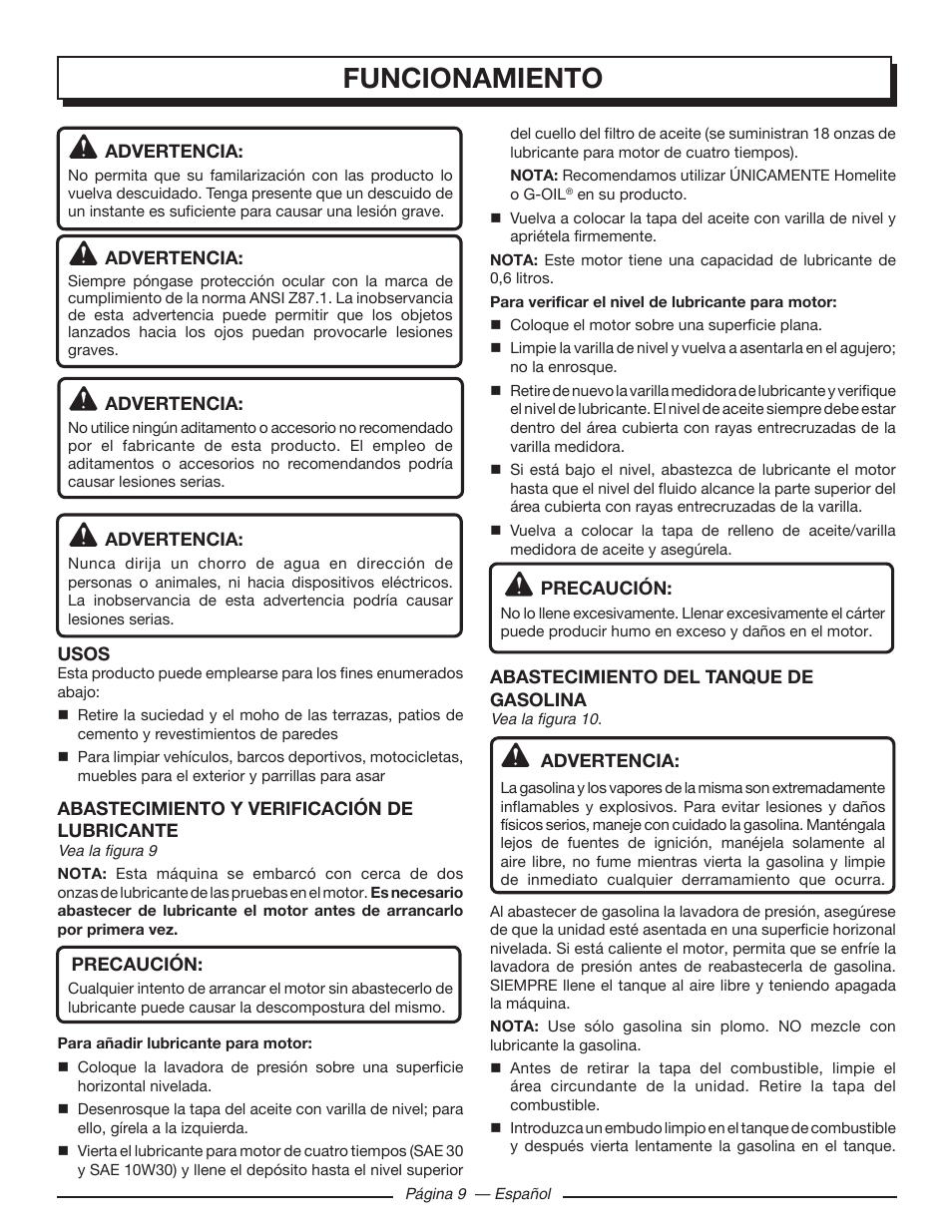 Funcionamiento | Homelite HL80923 User Manual | Page 39 / 48