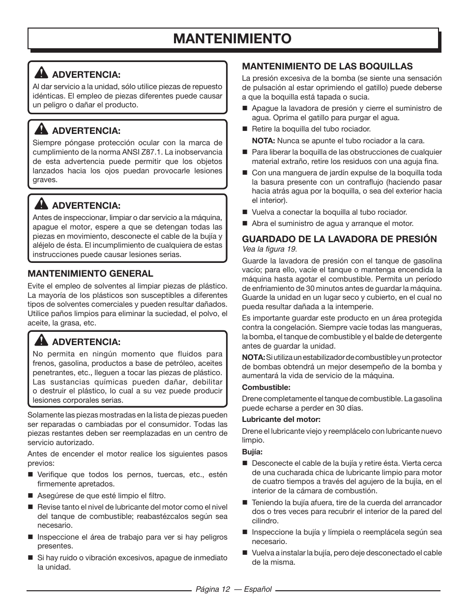 Mantenimiento | Homelite HL80923 User Manual | Page 42 / 48