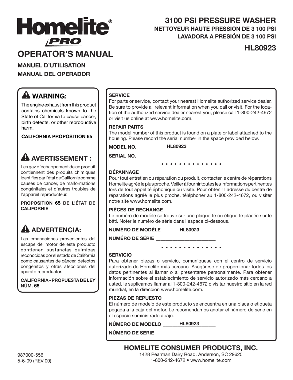 Operator’s manual, 3100 psi pressure washer, Homelite consumer products, inc | Warning, Avertissement, Advertencia | Homelite HL80923 User Manual | Page 48 / 48