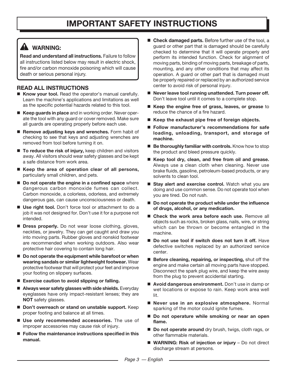 Important safety instructions, Warning | Homelite HL80923 User Manual | Page 7 / 48