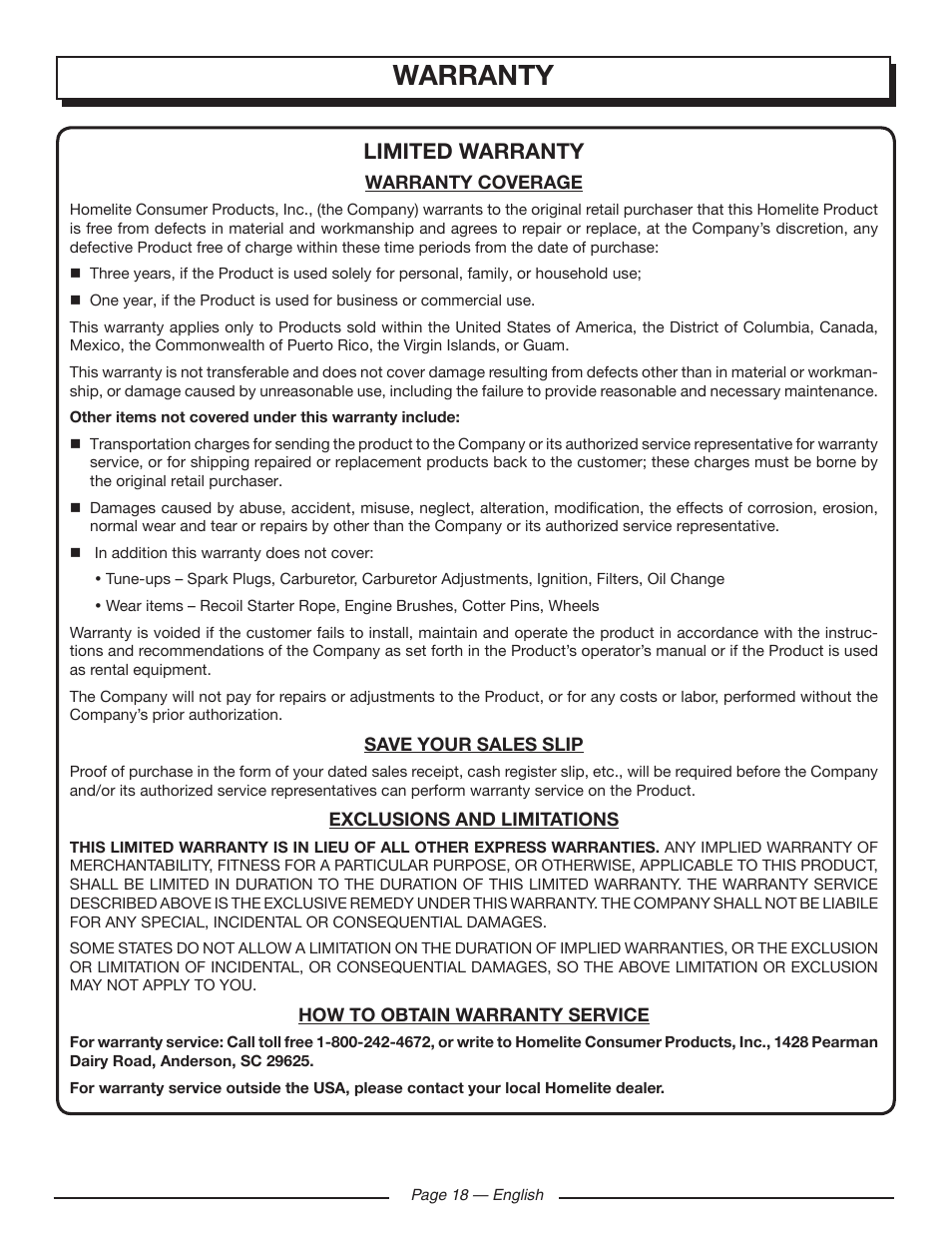 Warranty, Limited warranty | Homelite UT902250 User Manual | Page 22 / 60