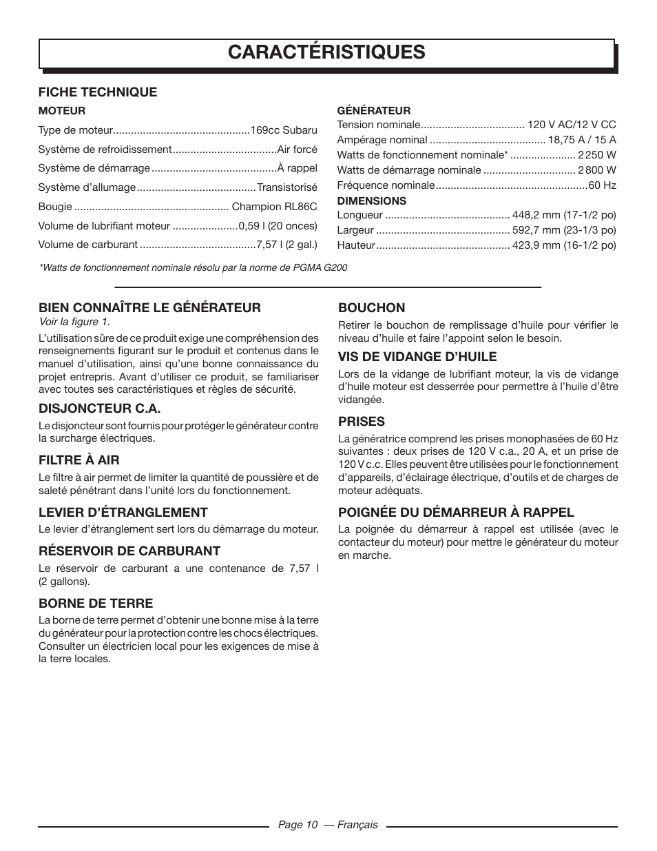 Caractéristiques | Homelite UT902250 User Manual | Page 32 / 60