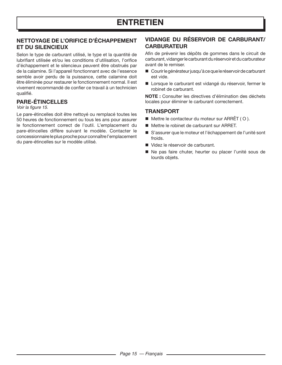 Entretien | Homelite UT902250 User Manual | Page 37 / 60