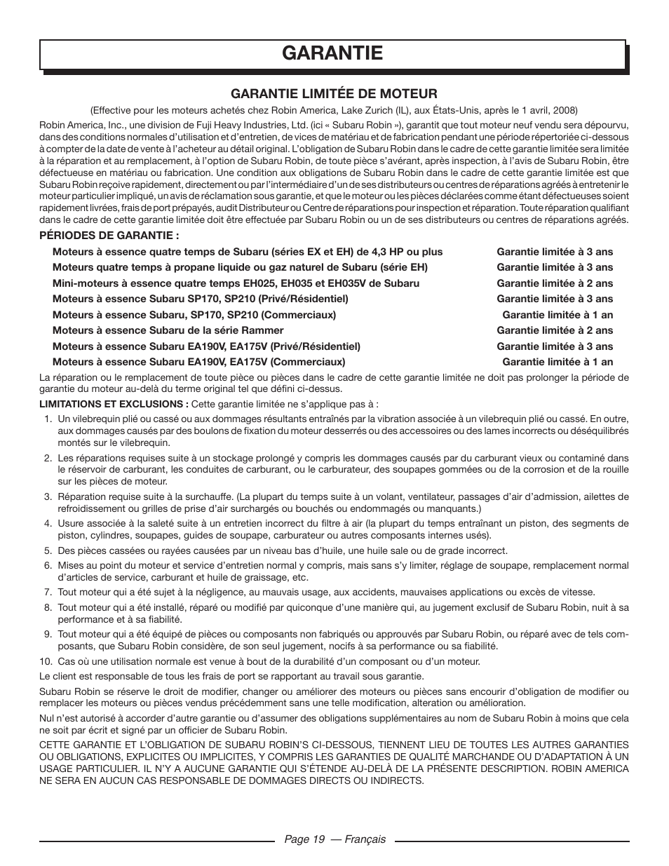 Garantie, Garantie limitée de moteur | Homelite UT902250 User Manual | Page 41 / 60