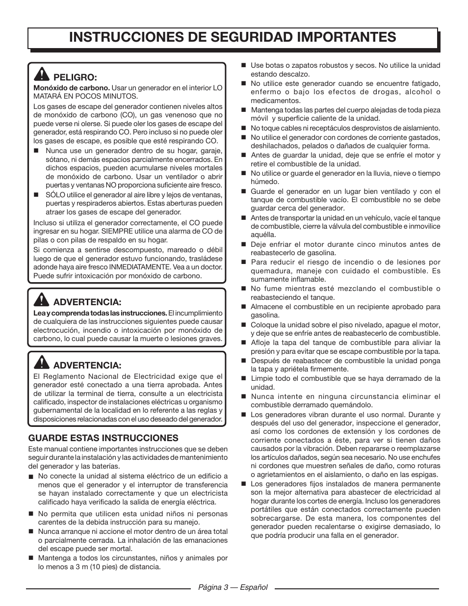 Instrucciones de seguridad importantes, Peligro, Advertencia | Guarde estas instrucciones | Homelite UT902250 User Manual | Page 43 / 60