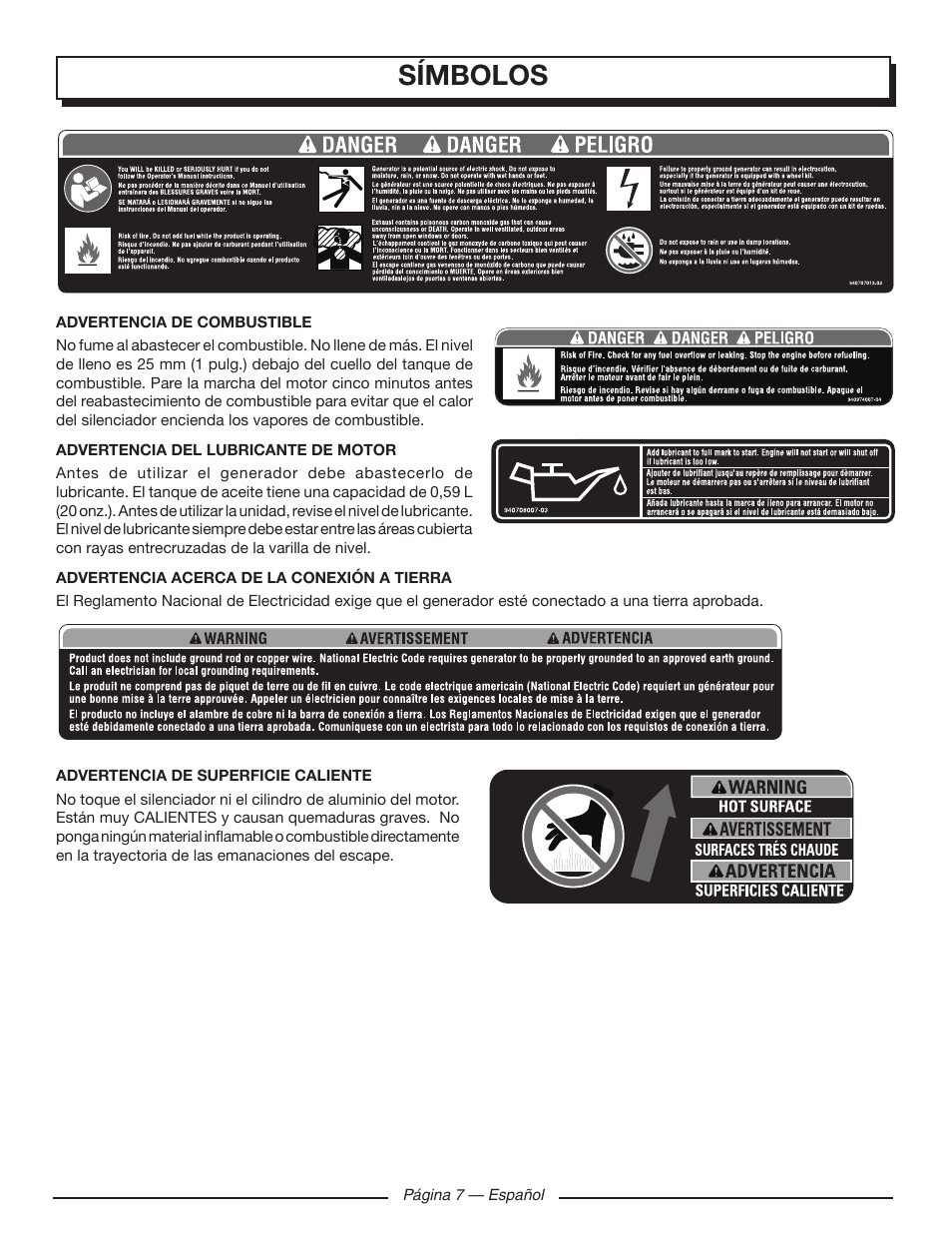 Símbolos | Homelite UT902250 User Manual | Page 47 / 60