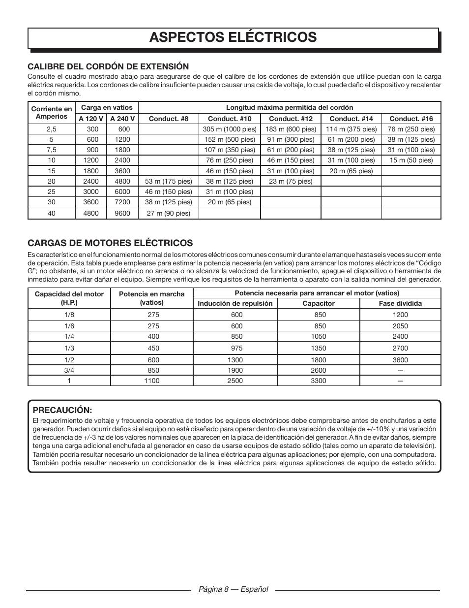 Aspectos eléctricos, Cargas de motores eléctricos | Homelite UT902250 User Manual | Page 48 / 60