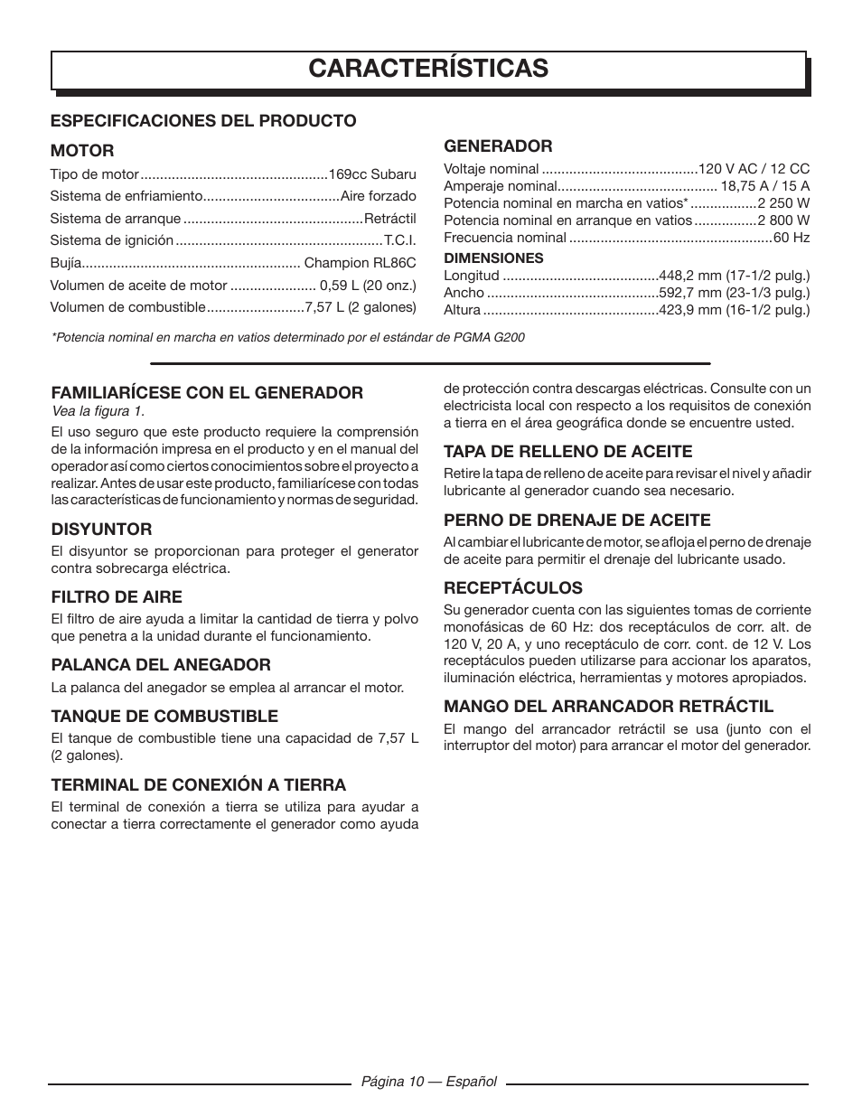 Características | Homelite UT902250 User Manual | Page 50 / 60