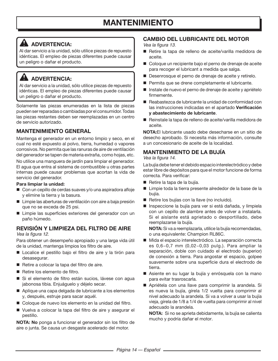 Mantenimiento | Homelite UT902250 User Manual | Page 54 / 60