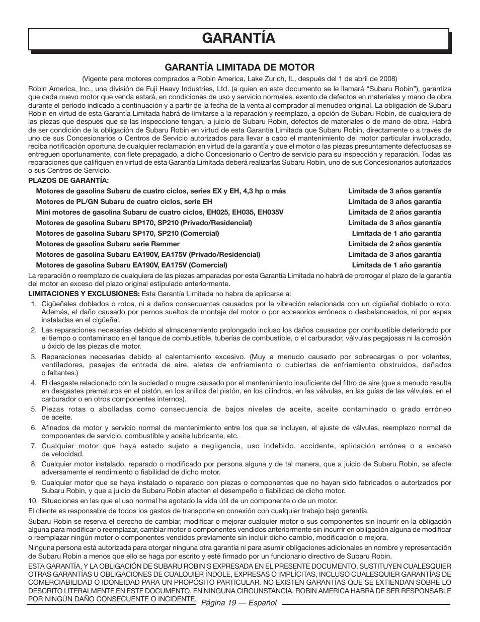 Garantía, Garantía limitada de motor | Homelite UT902250 User Manual | Page 59 / 60