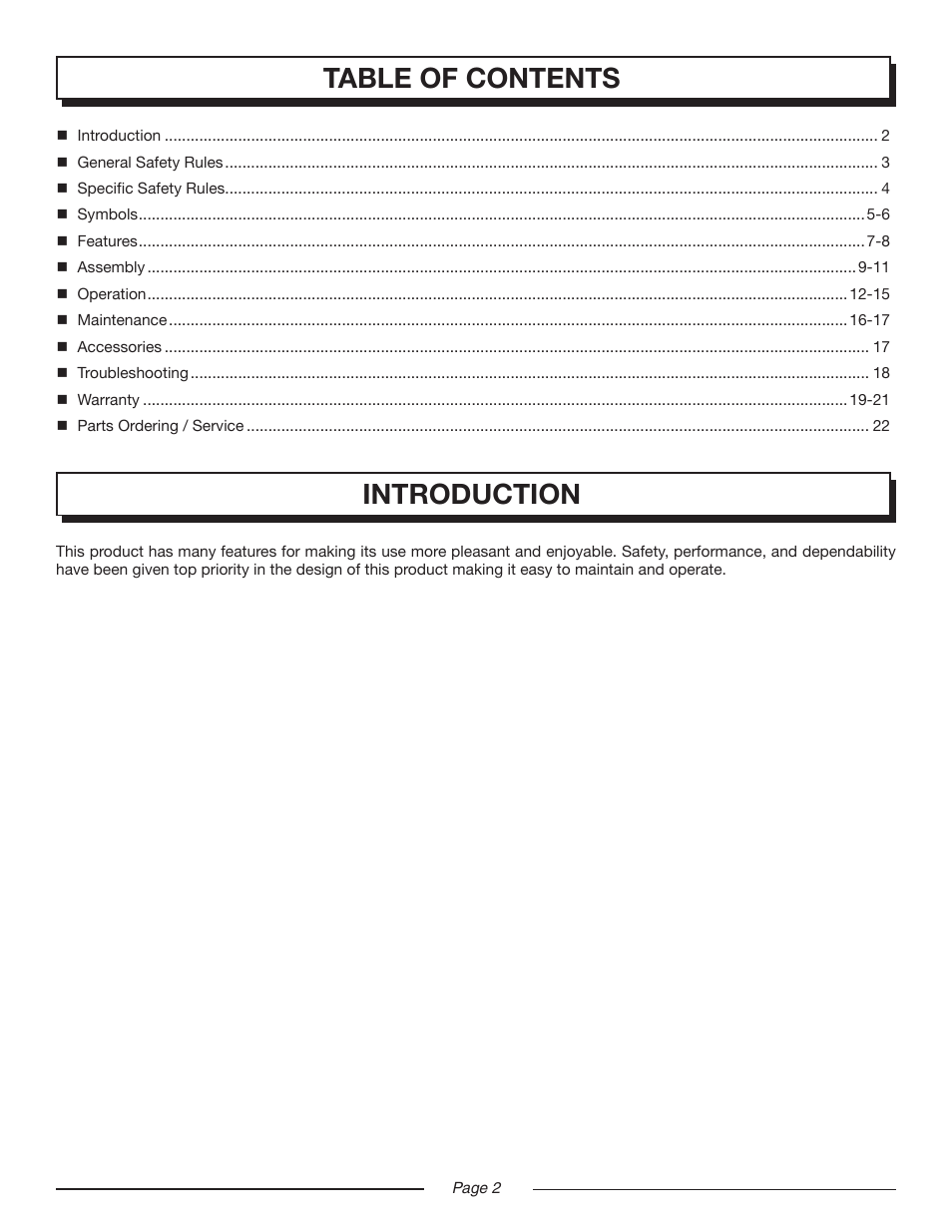 Table of contents introduction | Homelite UT08947 User Manual | Page 2 / 22