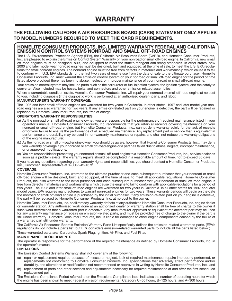 Warranty | Homelite UT08947 User Manual | Page 20 / 22