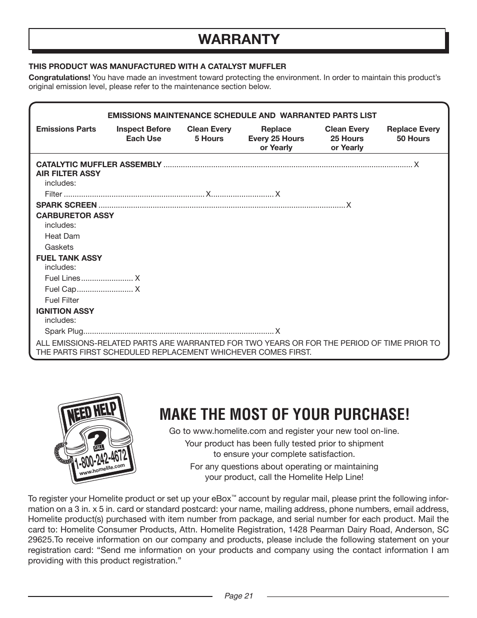 Make the most of your purchase, Warranty | Homelite UT08947 User Manual | Page 21 / 22