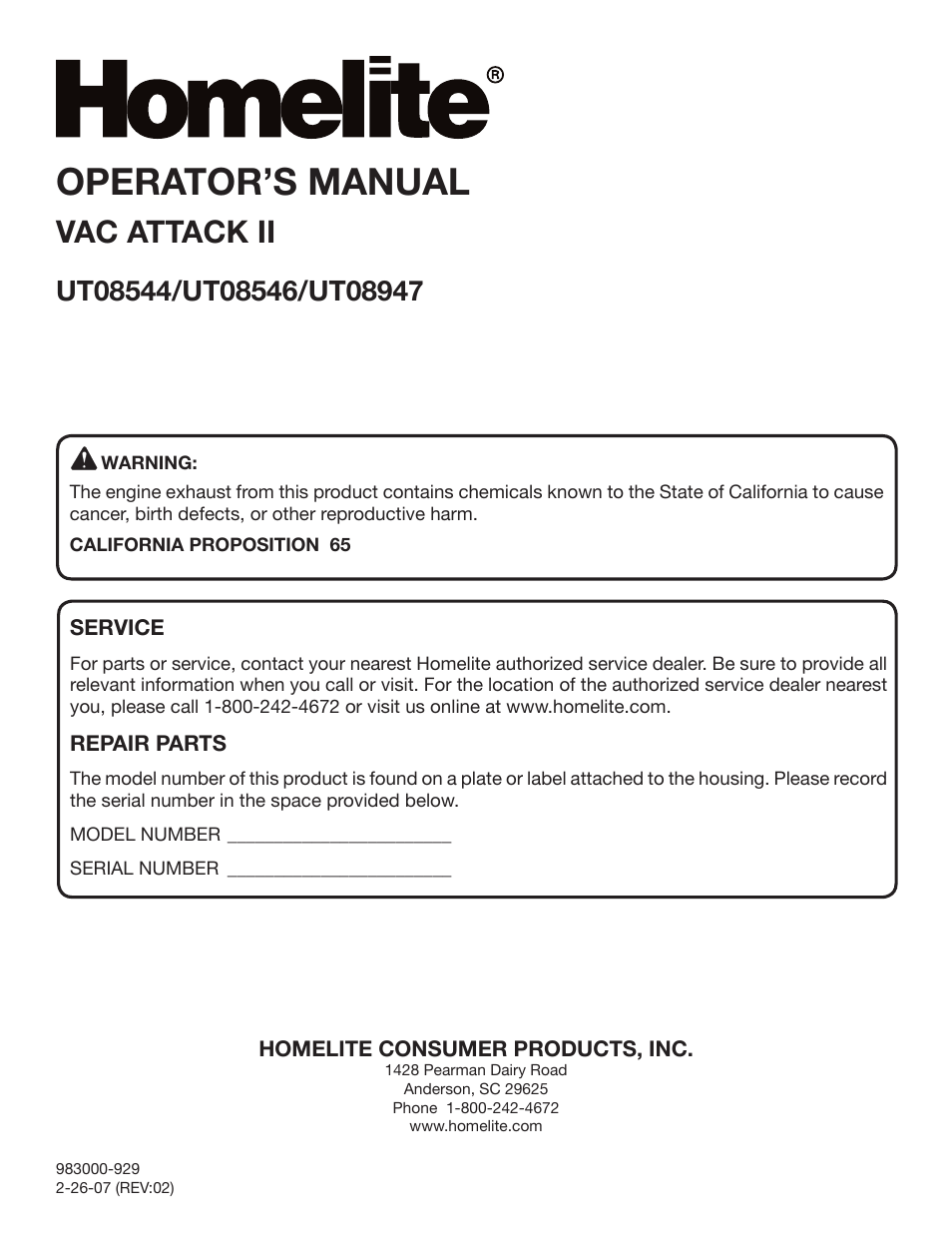 Operator’s manual, Vac attack ii | Homelite UT08947 User Manual | Page 22 / 22