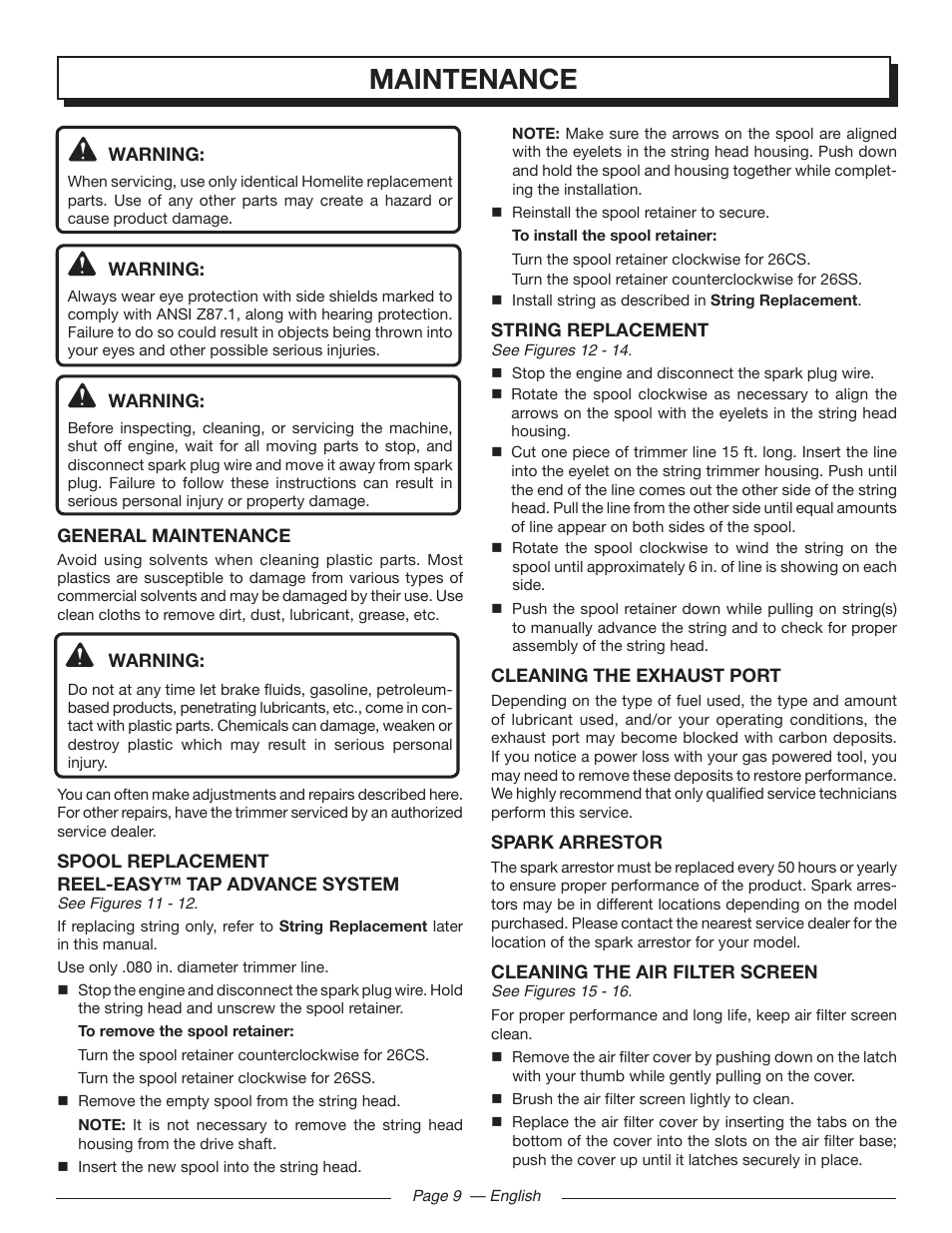Maintenance | Homelite 26SS UT22650 User Manual | Page 13 / 44