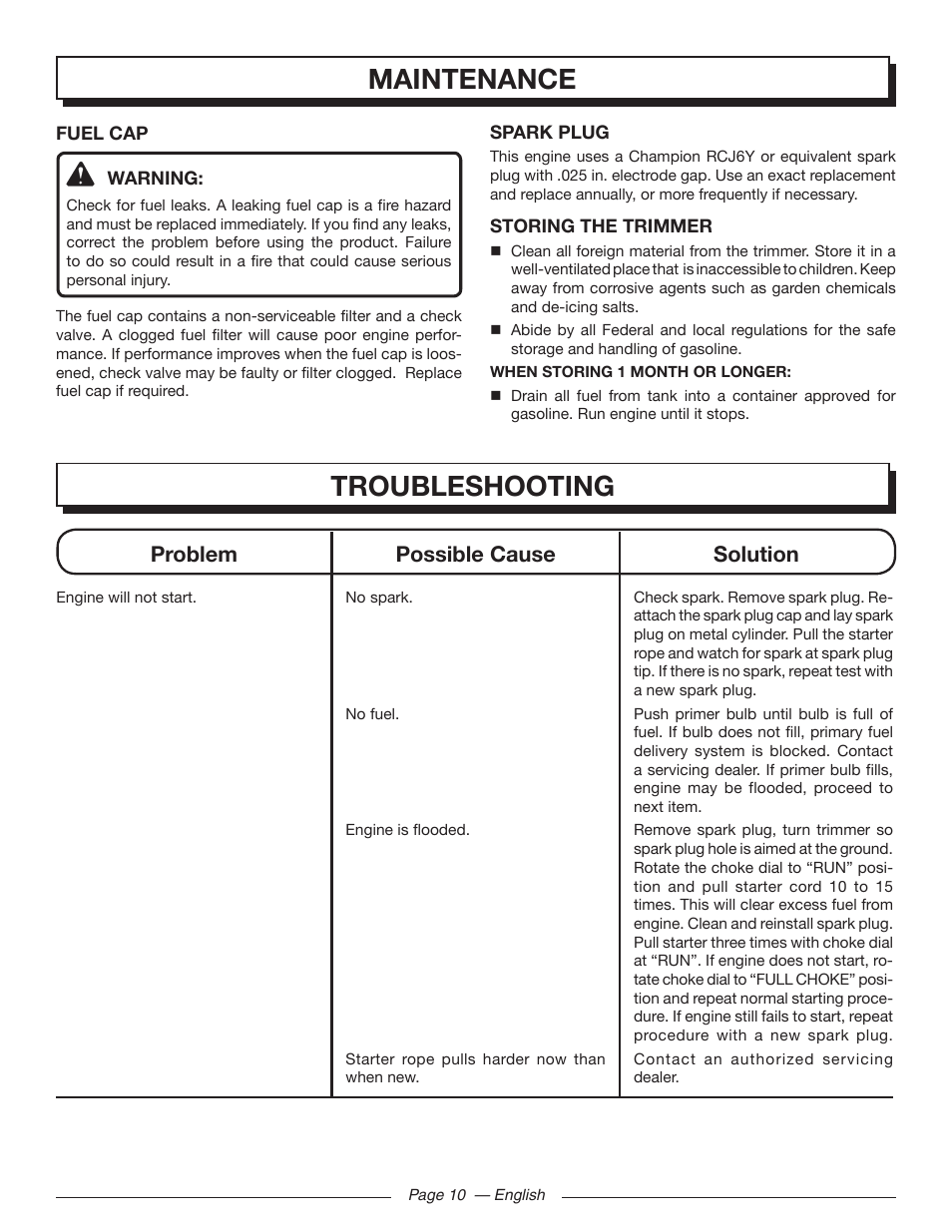 Maintenance, Troubleshooting, Problem possible cause solution | Homelite 26SS UT22650 User Manual | Page 14 / 44