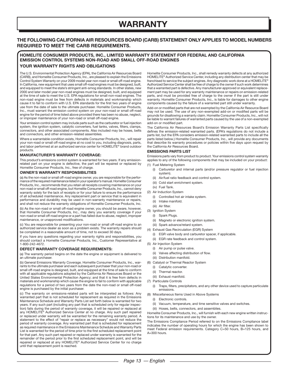 Warranty, Page 13 — english | Homelite 26SS UT22650 User Manual | Page 17 / 44