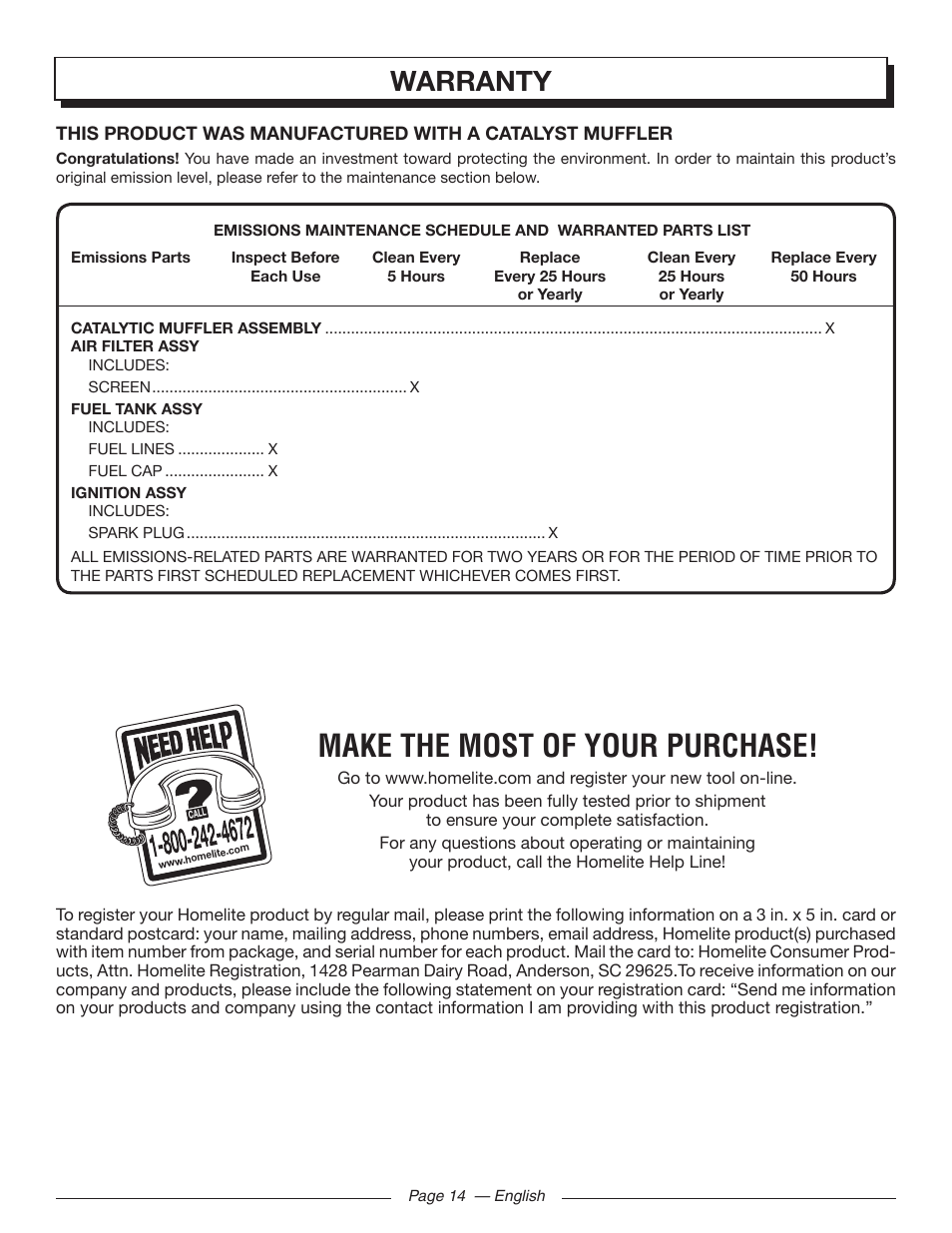 Make the most of your purchase, Warranty | Homelite 26SS UT22650 User Manual | Page 18 / 44