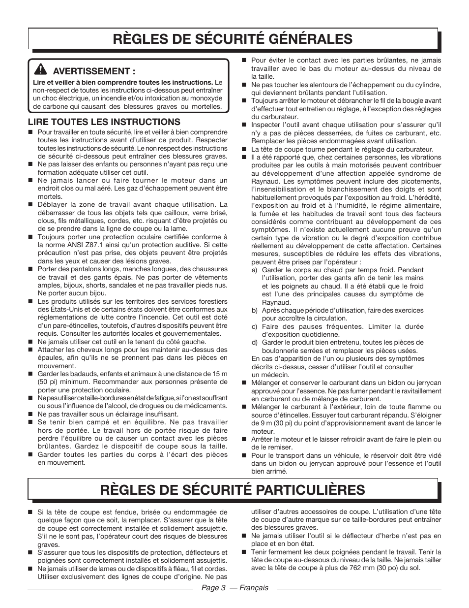 Règles de sécurité générales, Règles de sécurité particulières, Avertissement | Lire toutes les instructions | Homelite 26SS UT22650 User Manual | Page 19 / 44