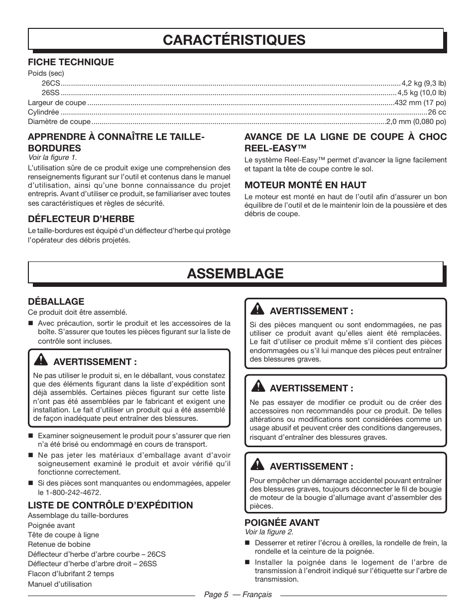 Assemblage, Caractéristiques | Homelite 26SS UT22650 User Manual | Page 21 / 44