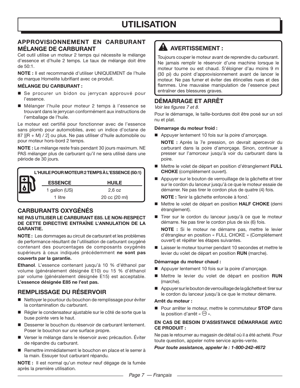 Utilisation, Avertissement, Démarrage et arrêt | Carburants oxygénés, Remplissage du réservoir | Homelite 26SS UT22650 User Manual | Page 23 / 44