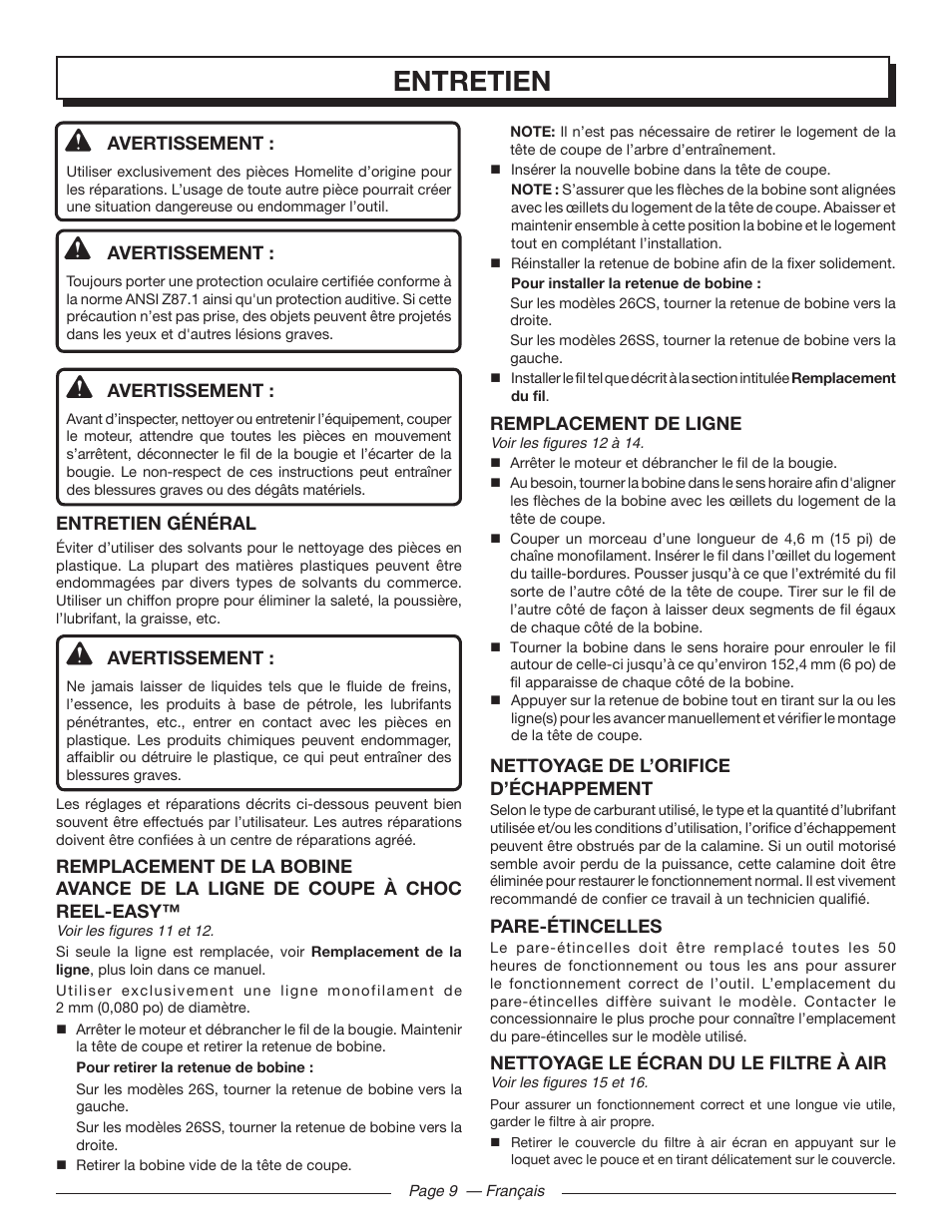 Entretien | Homelite 26SS UT22650 User Manual | Page 25 / 44