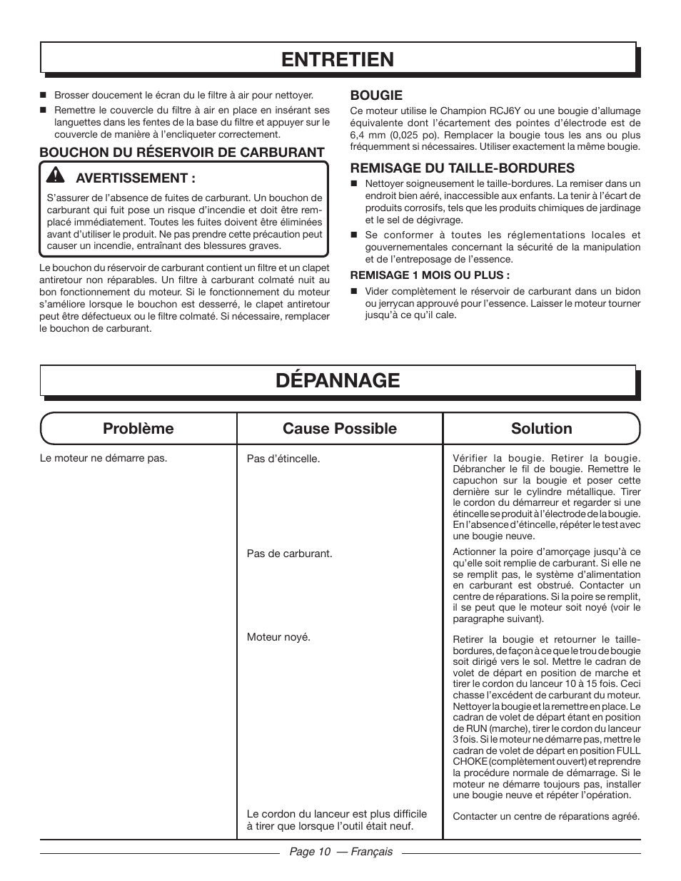 Dépannage, Entretien, Problème cause possible solution | Homelite 26SS UT22650 User Manual | Page 26 / 44