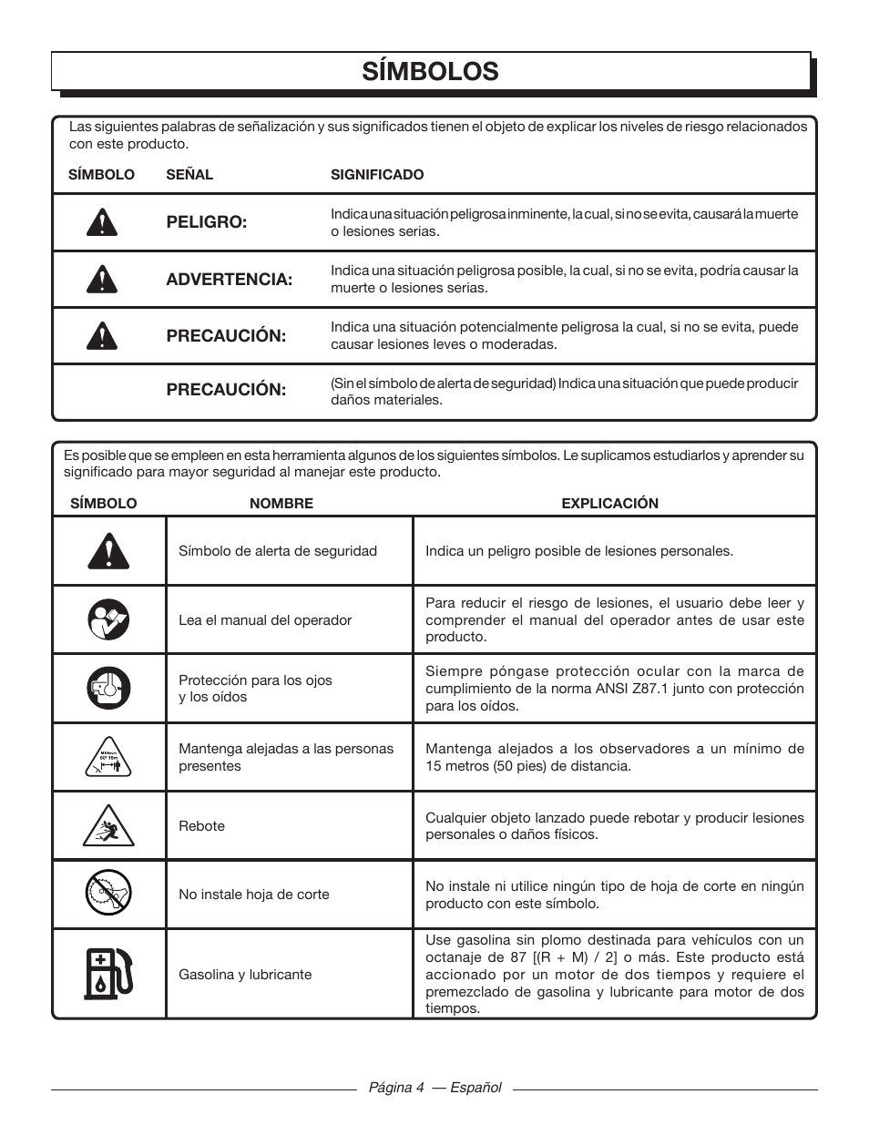 Símbolos | Homelite 26SS UT22650 User Manual | Page 32 / 44