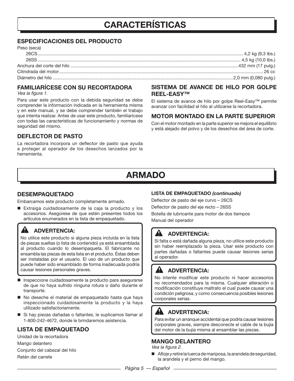 Características, Armado | Homelite 26SS UT22650 User Manual | Page 33 / 44