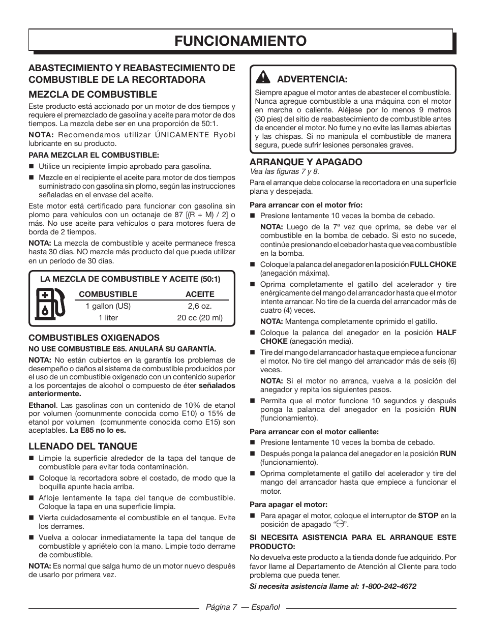 Funcionamiento, Advertencia, Arranque y apagado | Llenado del tanque | Homelite 26SS UT22650 User Manual | Page 35 / 44