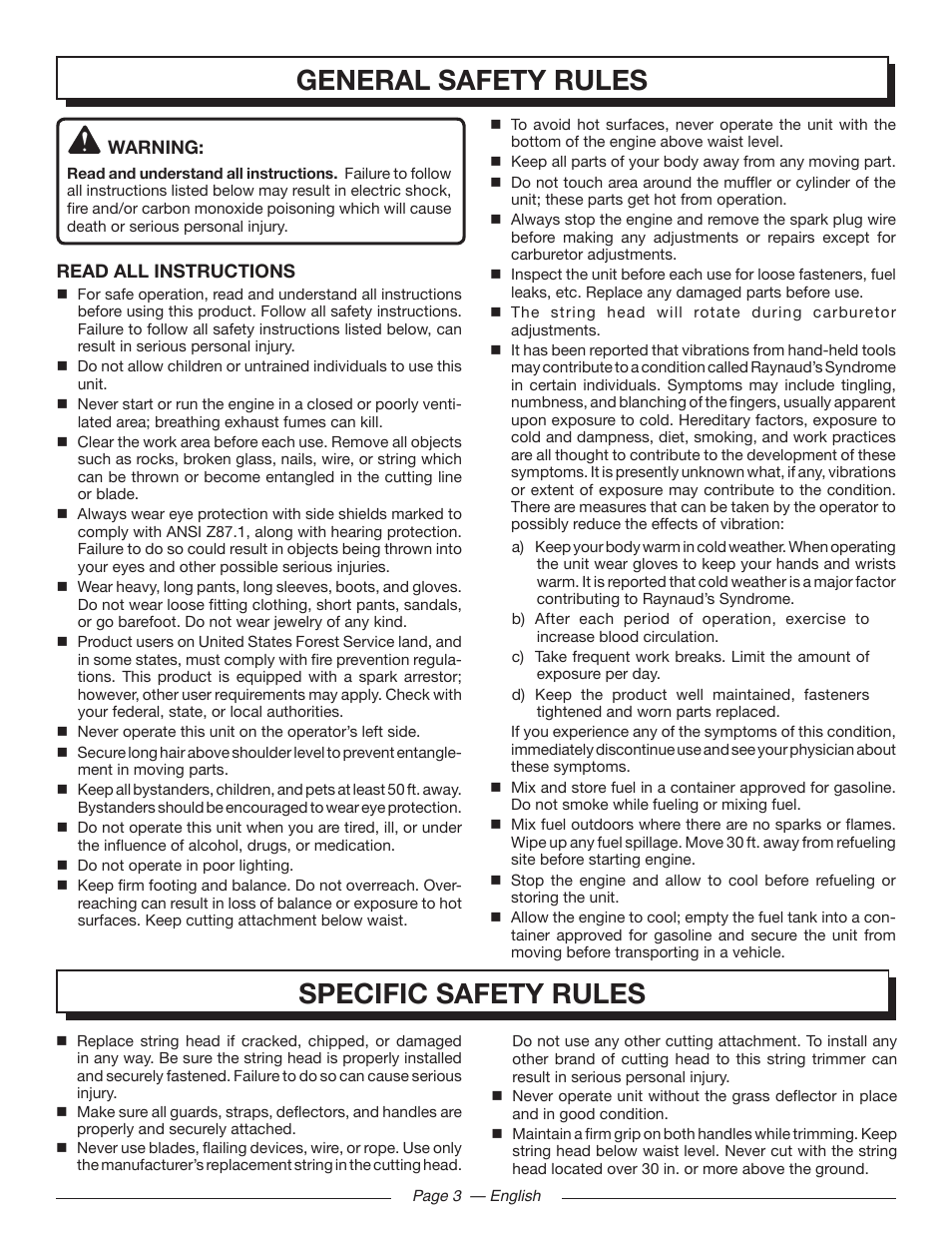 General safety rules, Specific safety rules | Homelite 26SS UT22650 User Manual | Page 7 / 44