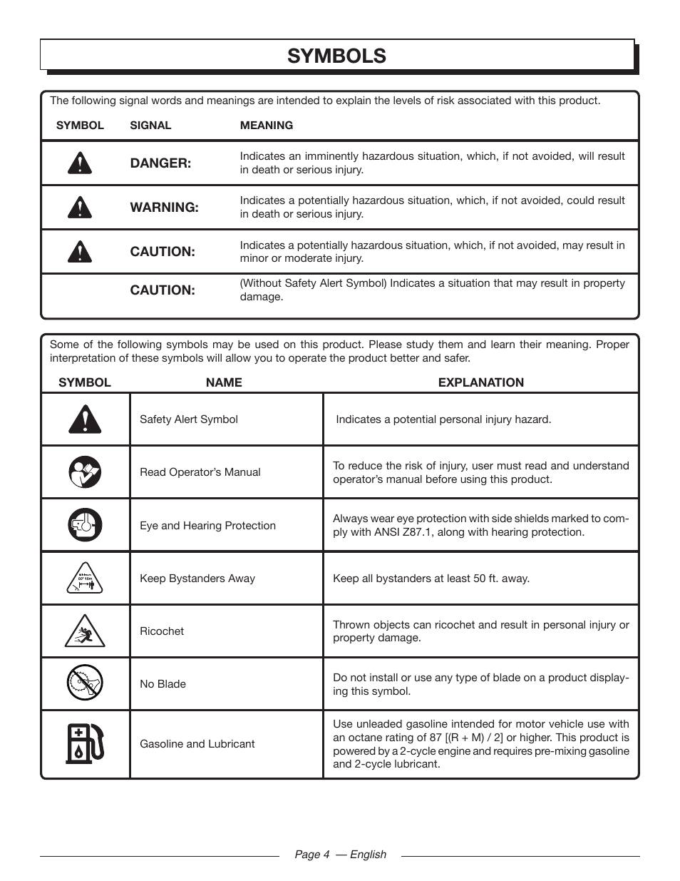Symbols | Homelite 26SS UT22650 User Manual | Page 8 / 44