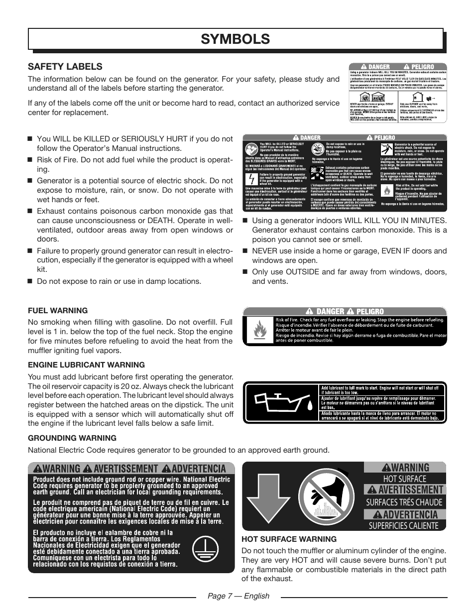 Symbols | Homelite HGCA3000 User Manual | Page 11 / 64