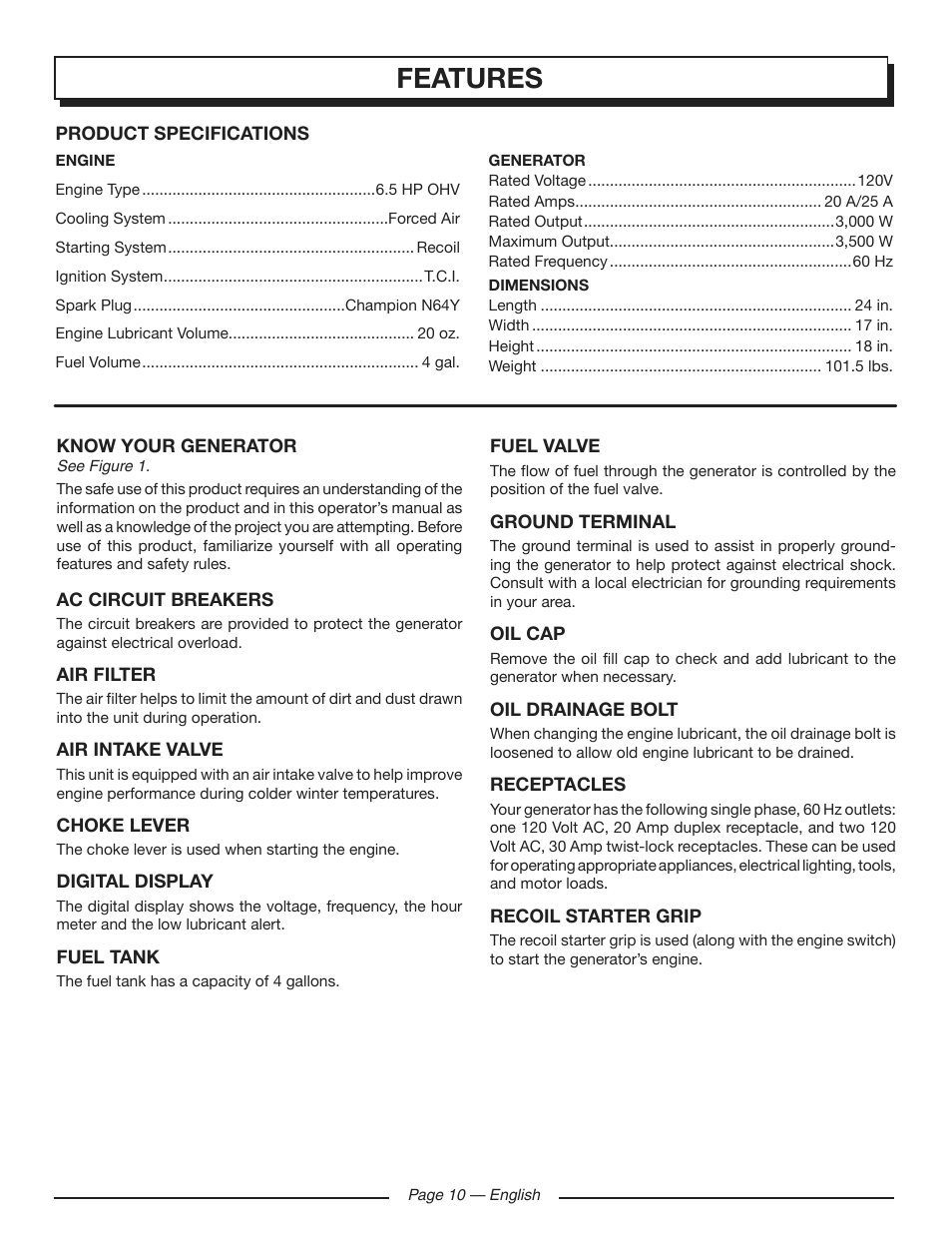 Features | Homelite HGCA3000 User Manual | Page 14 / 64