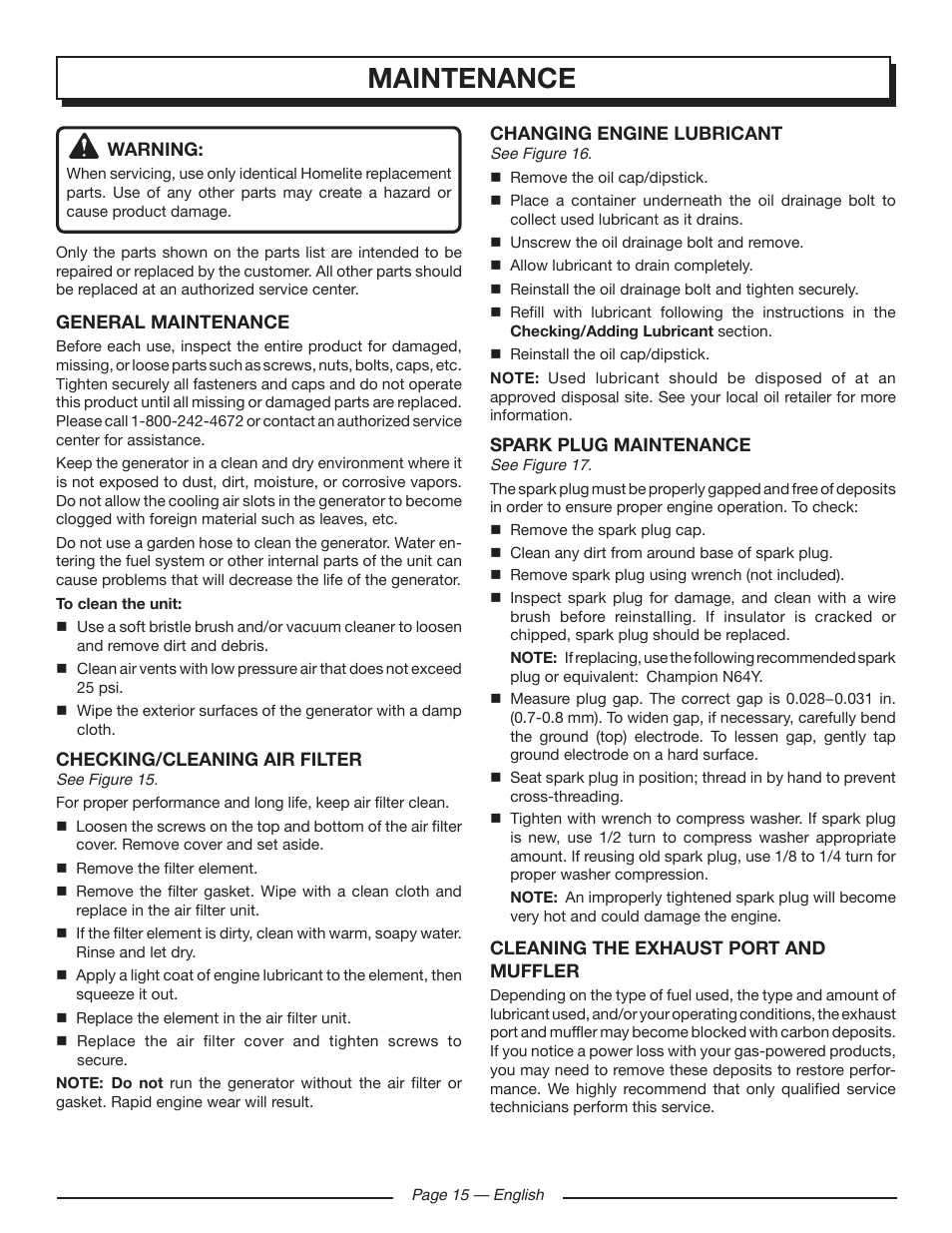 Maintenance | Homelite HGCA3000 User Manual | Page 19 / 64