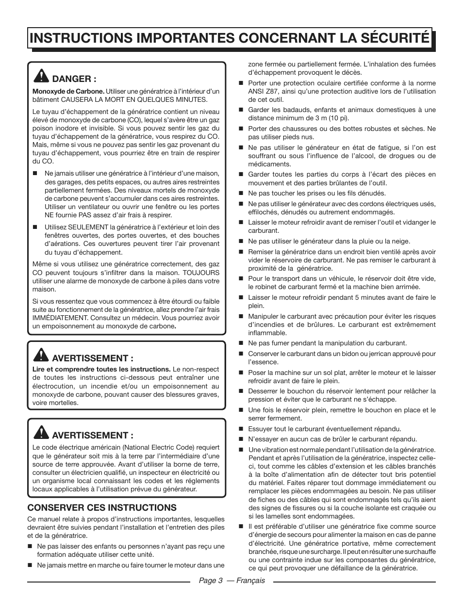 Instructions importantes concernant la sécurité, Danger, Avertissement | Conserver ces instructions | Homelite HGCA3000 User Manual | Page 26 / 64
