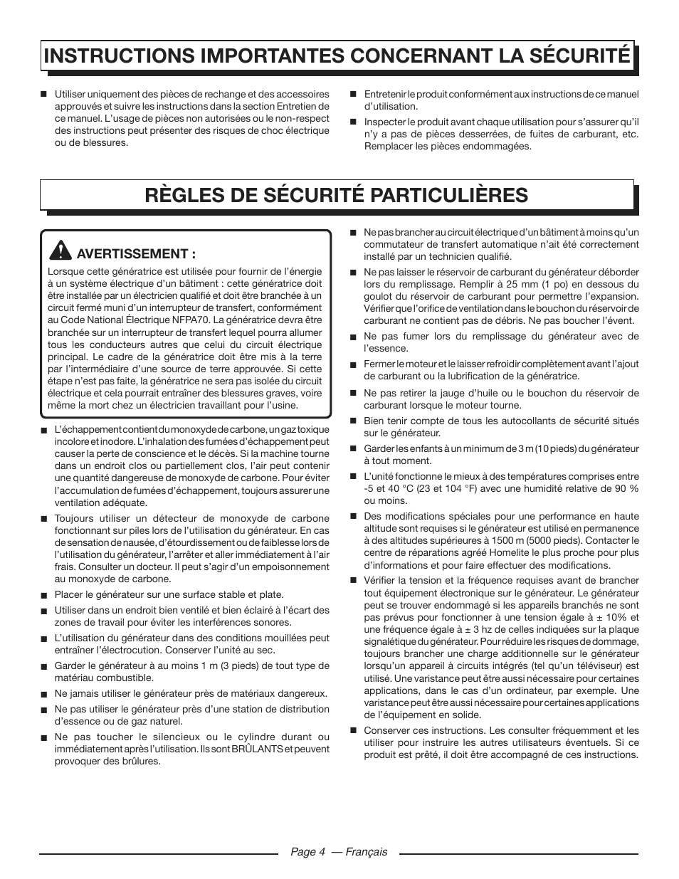 Règles de sécurité particulières, Instructions importantes concernant la sécurité | Homelite HGCA3000 User Manual | Page 27 / 64