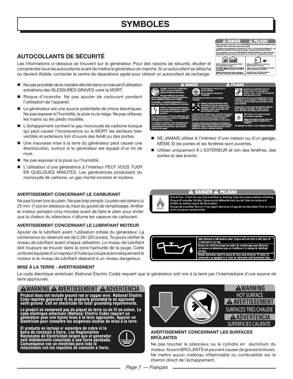 Symboles | Homelite HGCA3000 User Manual | Page 30 / 64