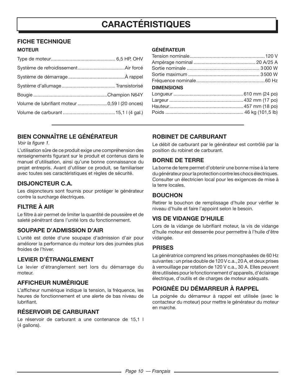 Caractéristiques | Homelite HGCA3000 User Manual | Page 33 / 64