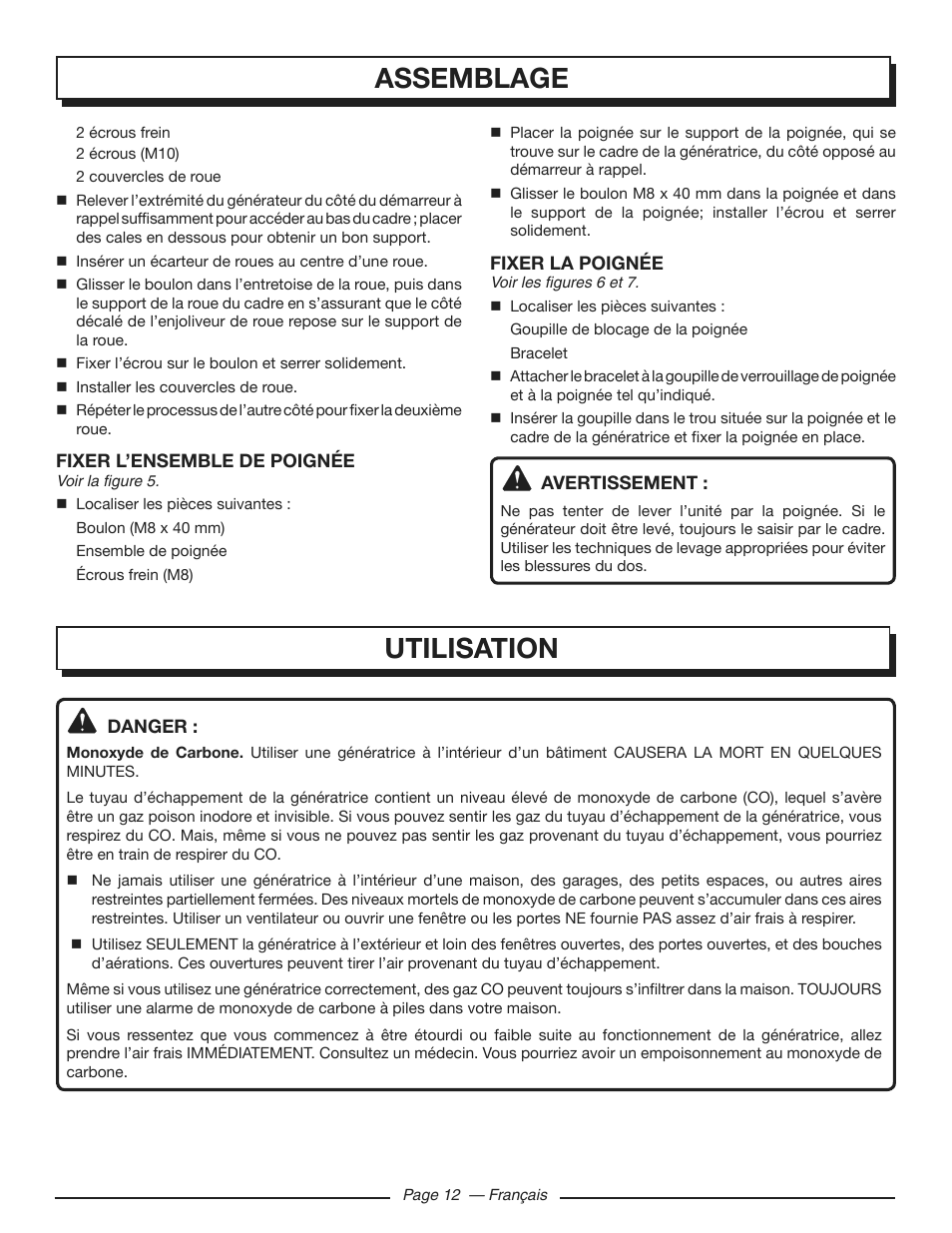 Assemblage, Utilisation | Homelite HGCA3000 User Manual | Page 35 / 64