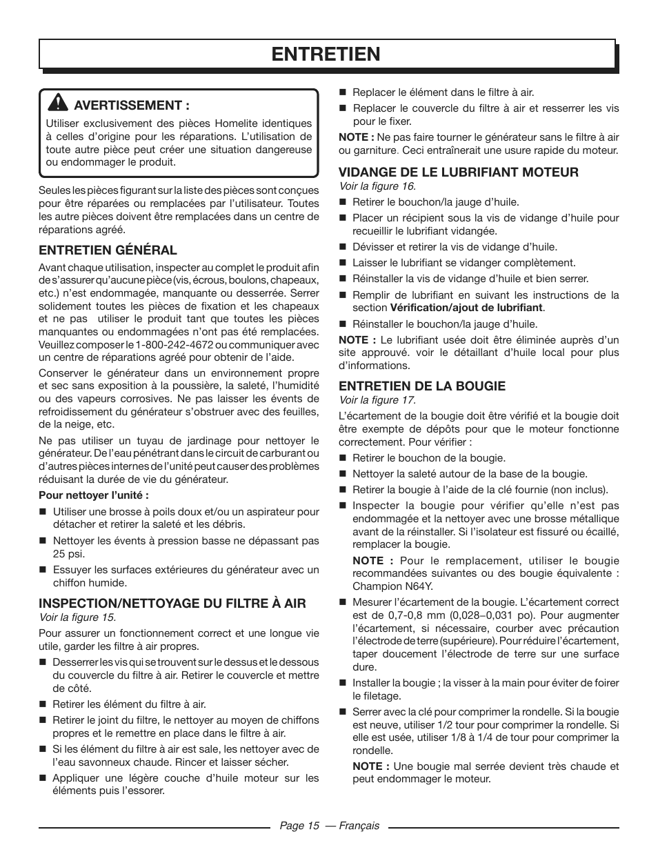 Entretien | Homelite HGCA3000 User Manual | Page 38 / 64