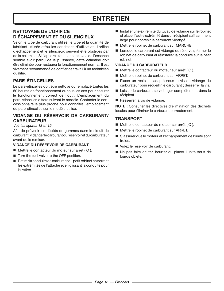 Entretien | Homelite HGCA3000 User Manual | Page 39 / 64