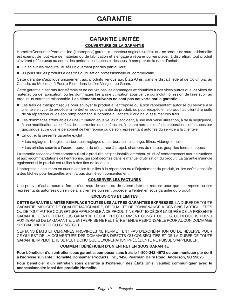 Garantie, Garantie limitée | Homelite HGCA3000 User Manual | Page 42 / 64