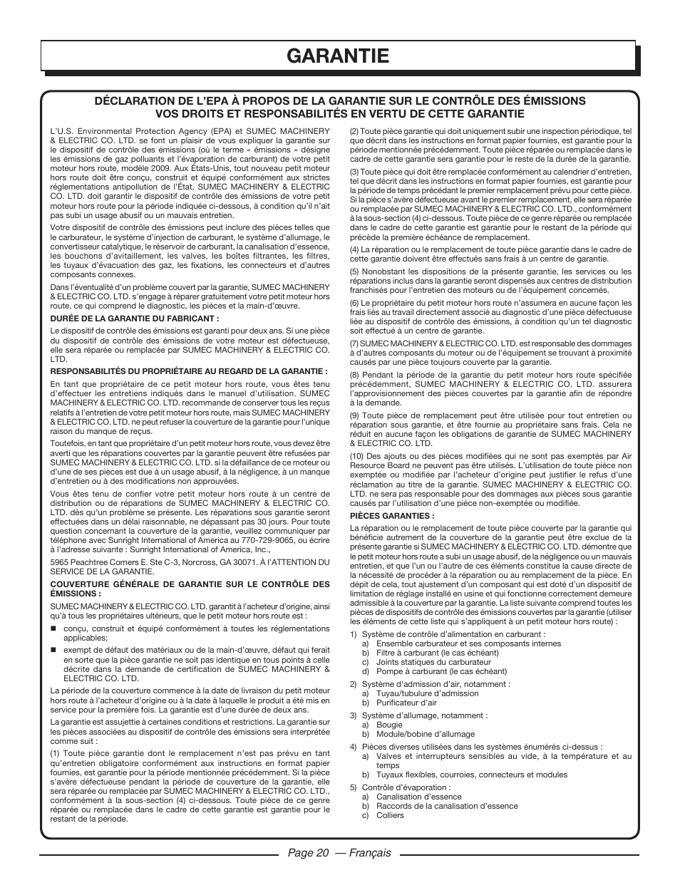 Garantie, Page 20 — français | Homelite HGCA3000 User Manual | Page 43 / 64