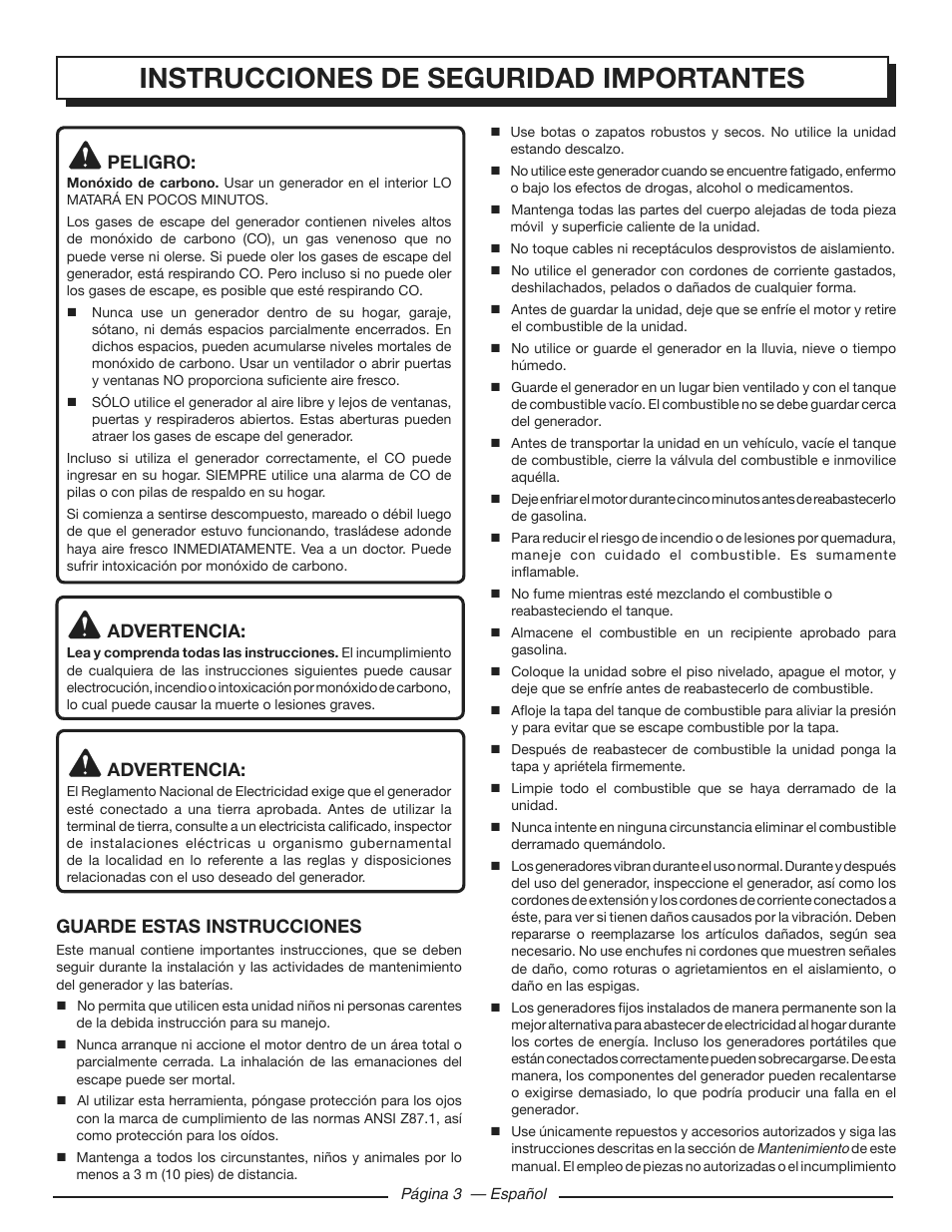 Instrucciones de seguridad importantes, Peligro, Advertencia | Guarde estas instrucciones | Homelite HGCA3000 User Manual | Page 45 / 64
