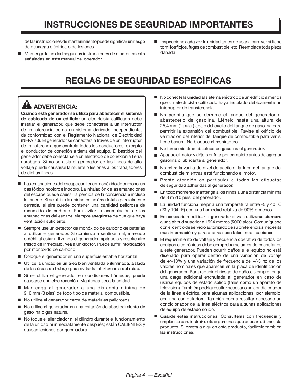 Reglas de seguridad específicas, Instrucciones de seguridad importantes | Homelite HGCA3000 User Manual | Page 46 / 64