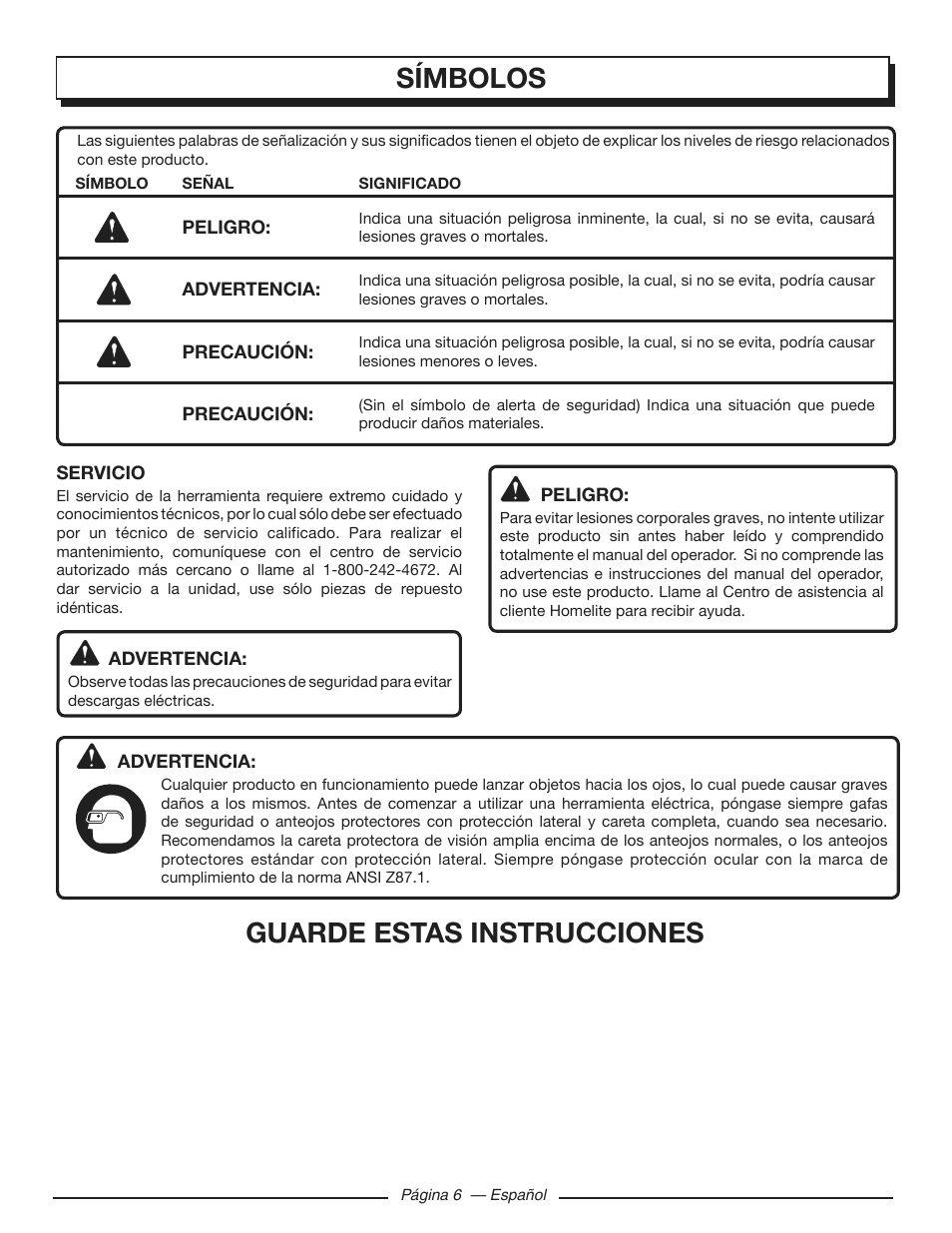 Símbolos guarde estas instrucciones | Homelite HGCA3000 User Manual | Page 48 / 64