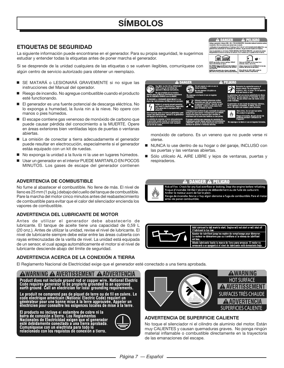 Símbolos | Homelite HGCA3000 User Manual | Page 49 / 64